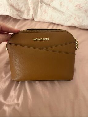 Michael Kors Brown Saffiano Leather Dome Crossbody with Gold Hardware